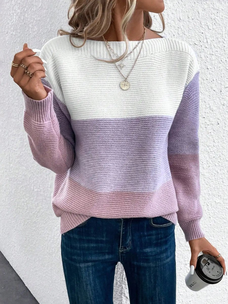 Women's Color Block Relaxed-Fit Crewneck Knit Sweater - Purple