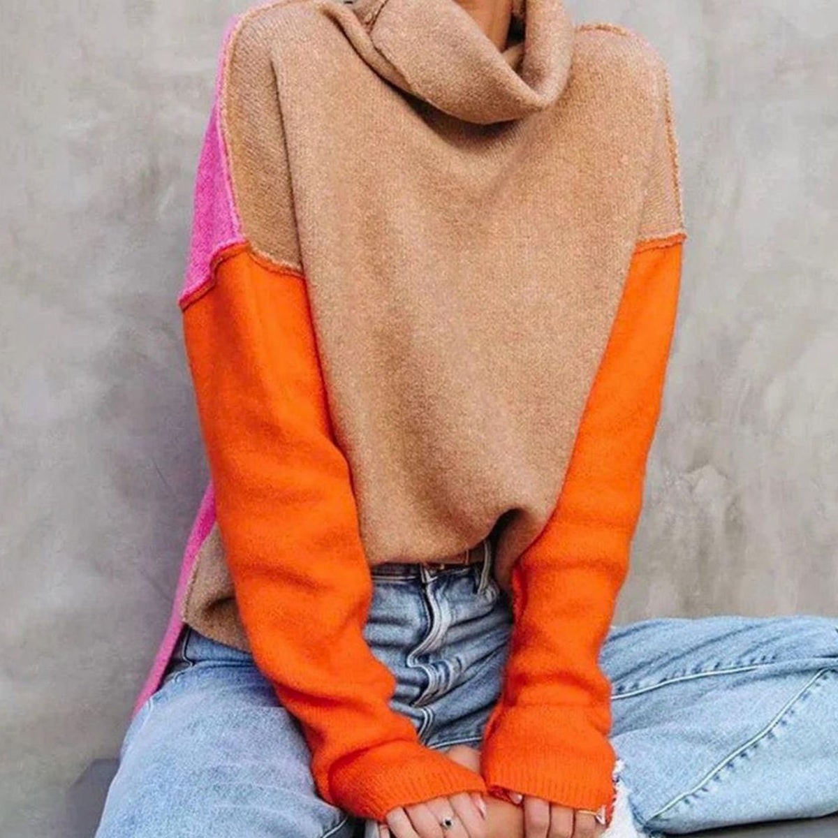 Women's Color Block Turtleneck Relaxed-Fit Pullover Sweater