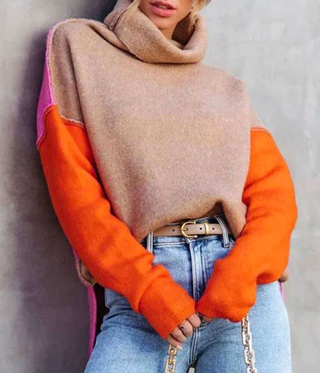 Women's Color Block Turtleneck Relaxed-Fit Pullover Sweater