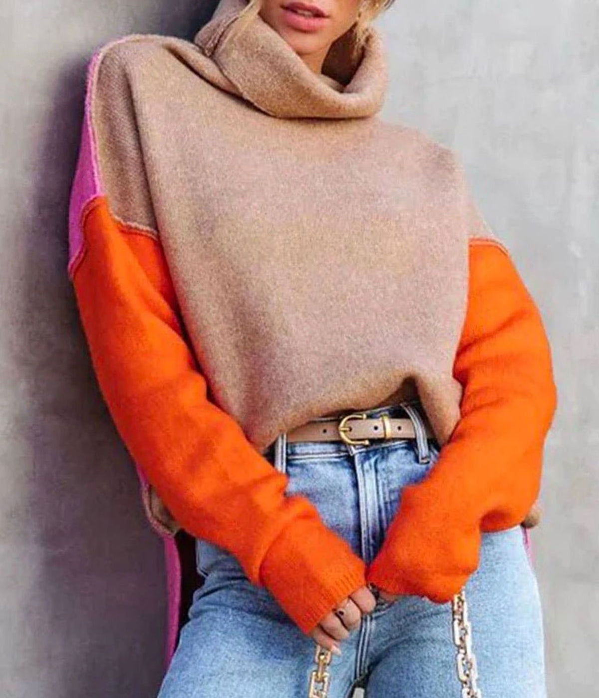 Women's Color Block Turtleneck Relaxed-Fit Pullover Sweater