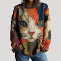 Women's Colorblock Cat Graphic Crew Neck Knit Sweater - Multicolor