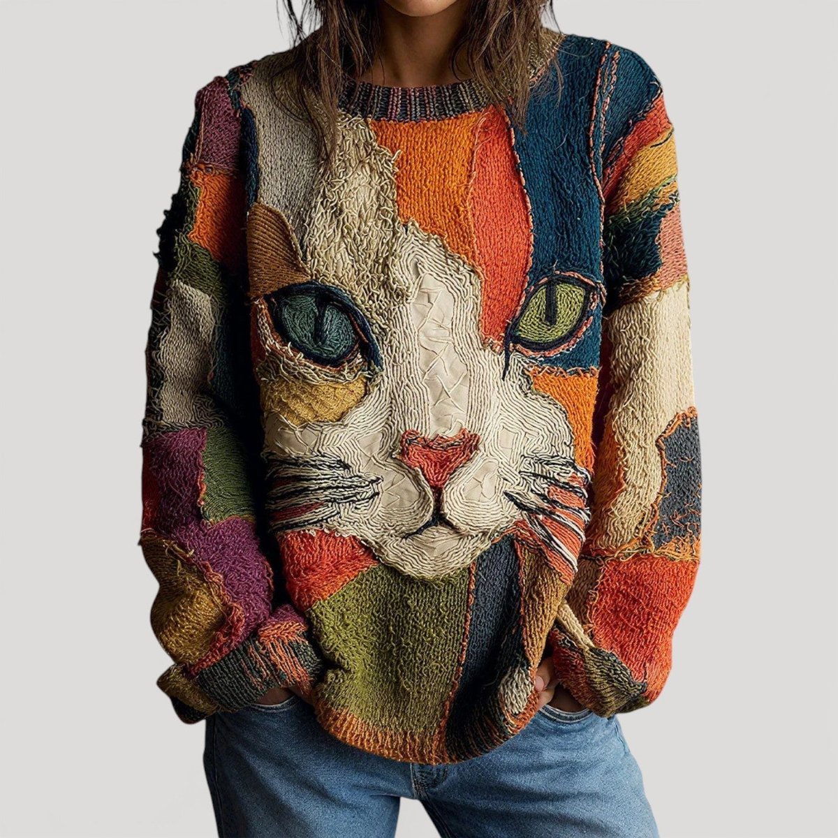 Women's Colorblock Cat Graphic Crew Neck Knit Sweater - Multicolor