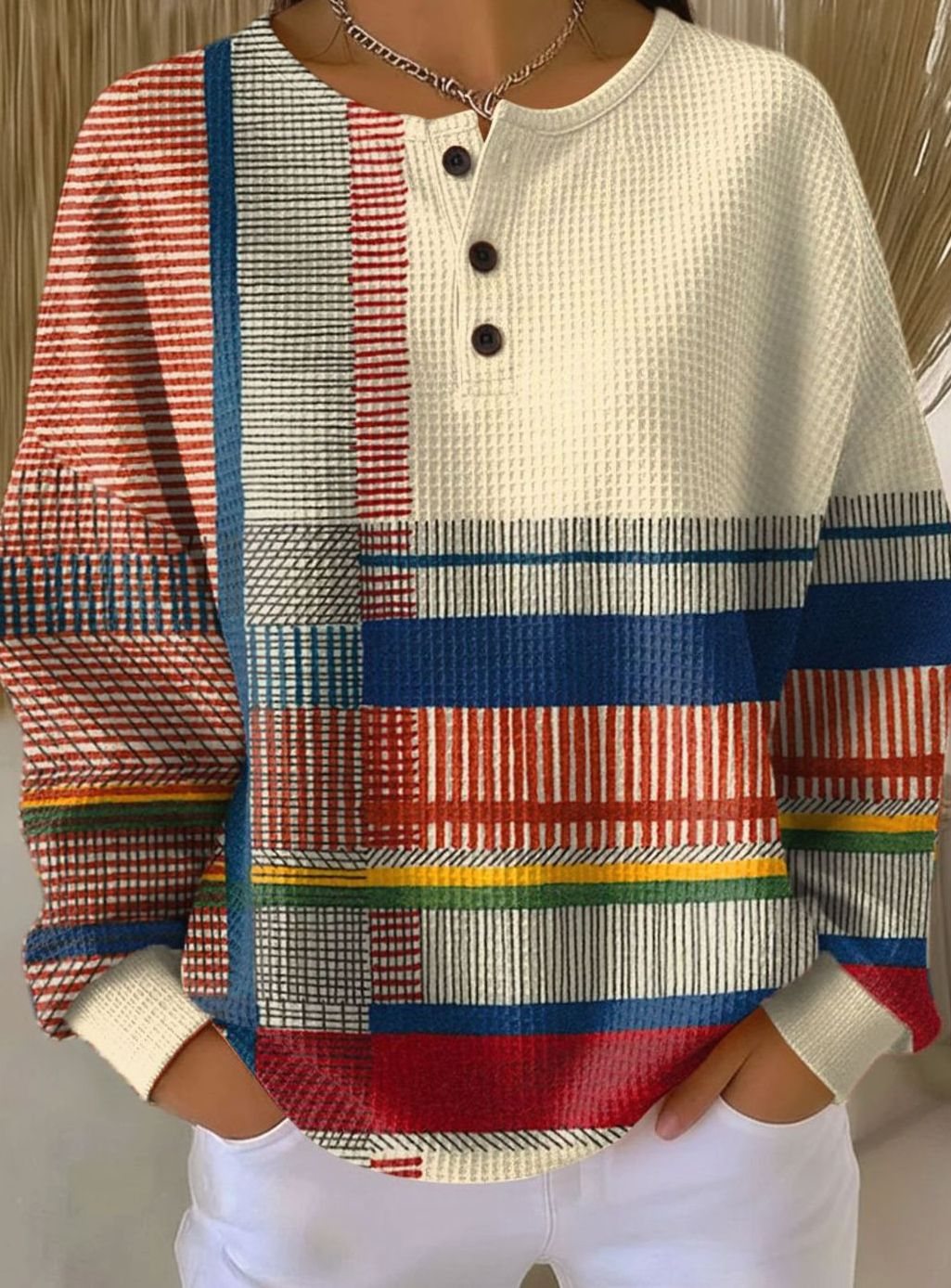 Women's Colorblock Waffle-Knit Henley Long-Sleeve Sweater