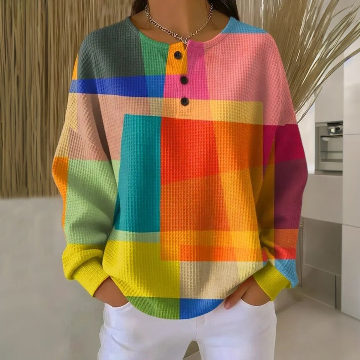 Women's Colorblock Waffle-Knit Long-Sleeve Henley Sweater