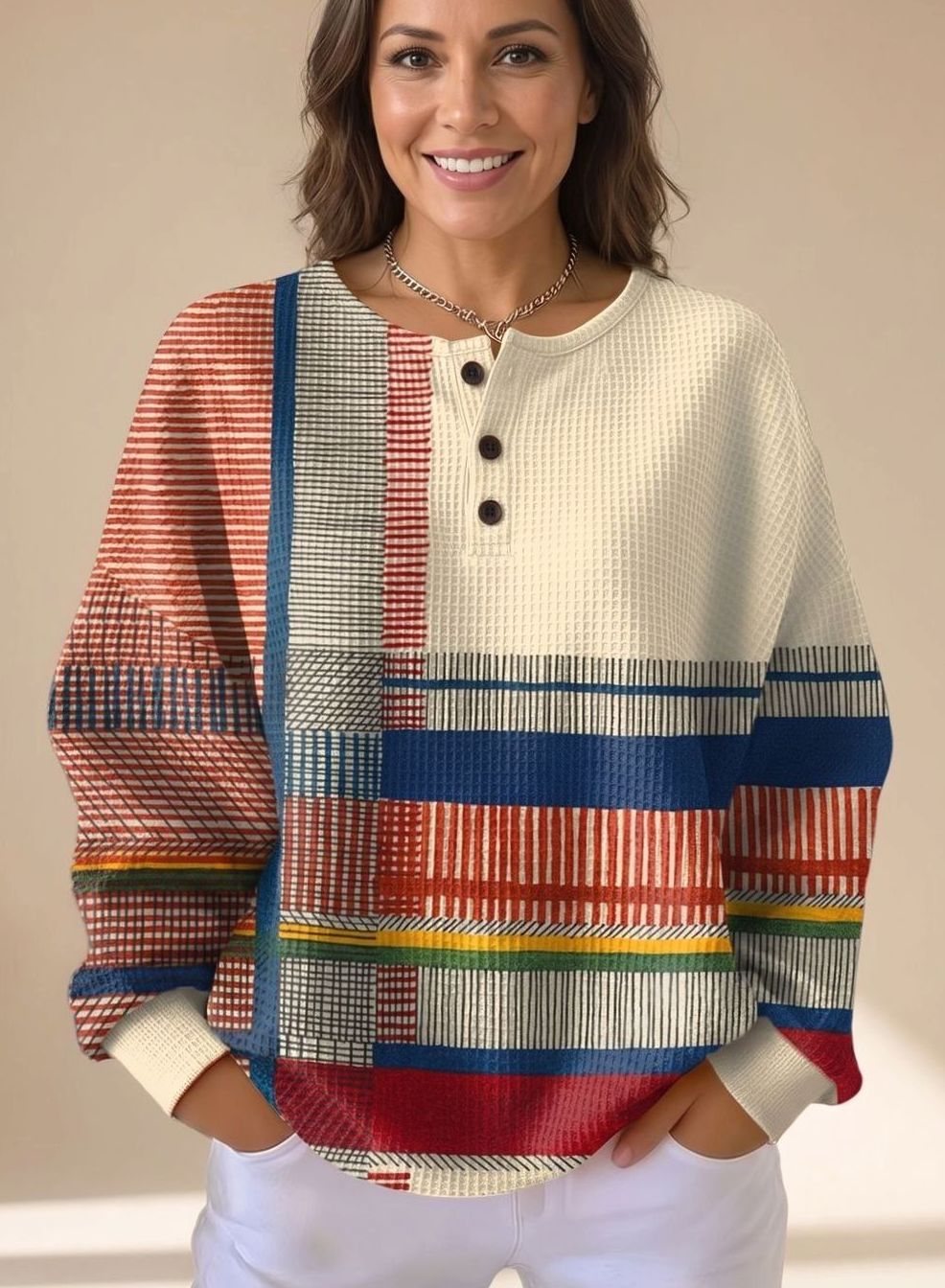 Women's Colorblock Waffle-Knit Long-Sleeve Henley Sweater, Multicolor