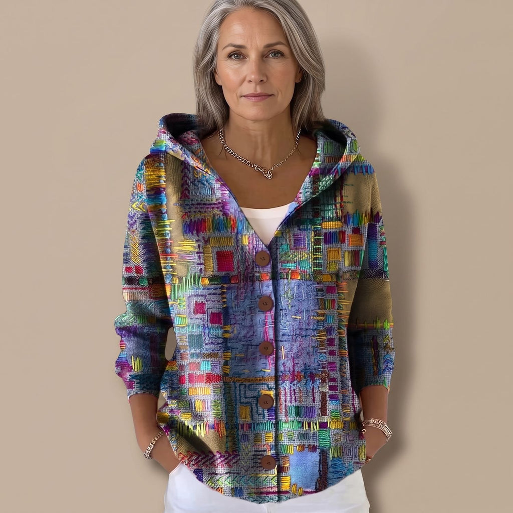 Women's Colorful Patchwork Hooded Button-Front Knit Cardigan - Purple