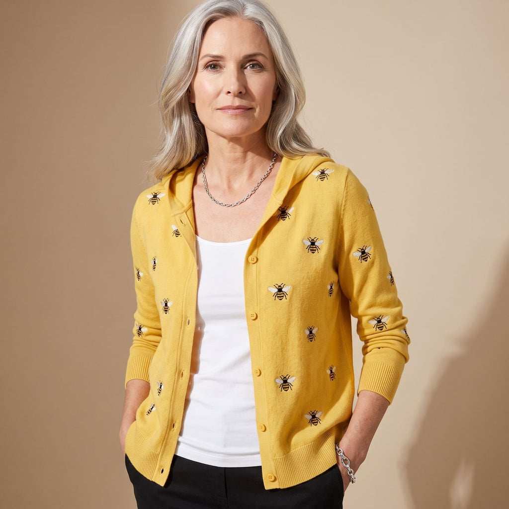 Women's Colorful Patchwork Hooded Button-Front Knit Cardigan - Yellow