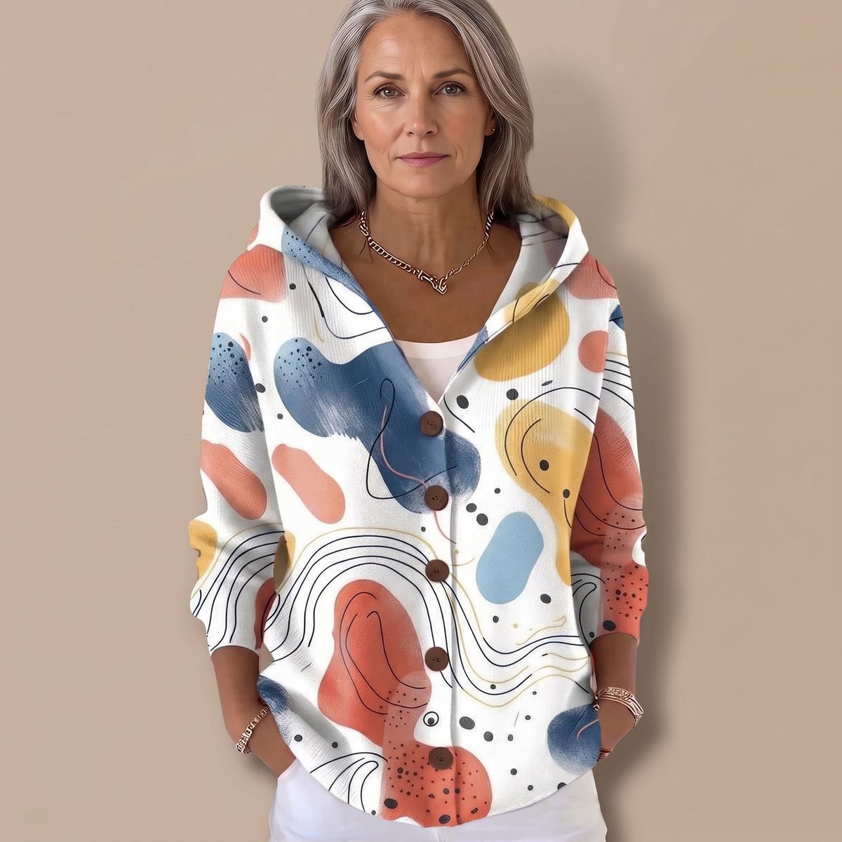 Women's Colorful Patchwork Hooded Button-Front Knit Cardigan - Beige