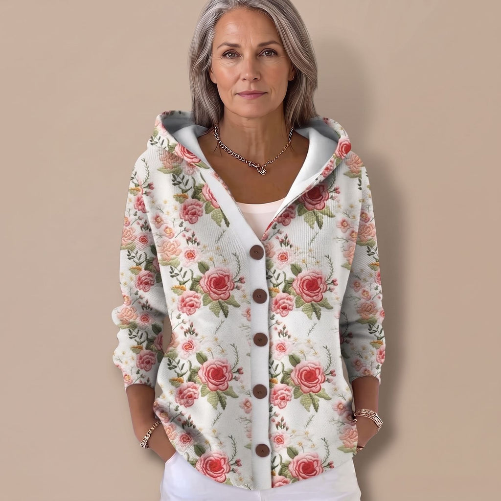 Women's Colorful Patchwork Hooded Button-Front Knit Cardigan - Blush Pink