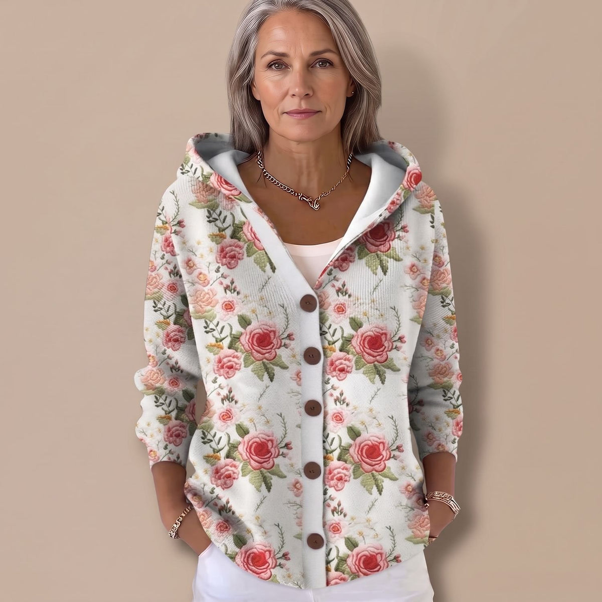 Women's Colorful Patchwork Hooded Button-Front Knit Cardigan - Blush Pink
