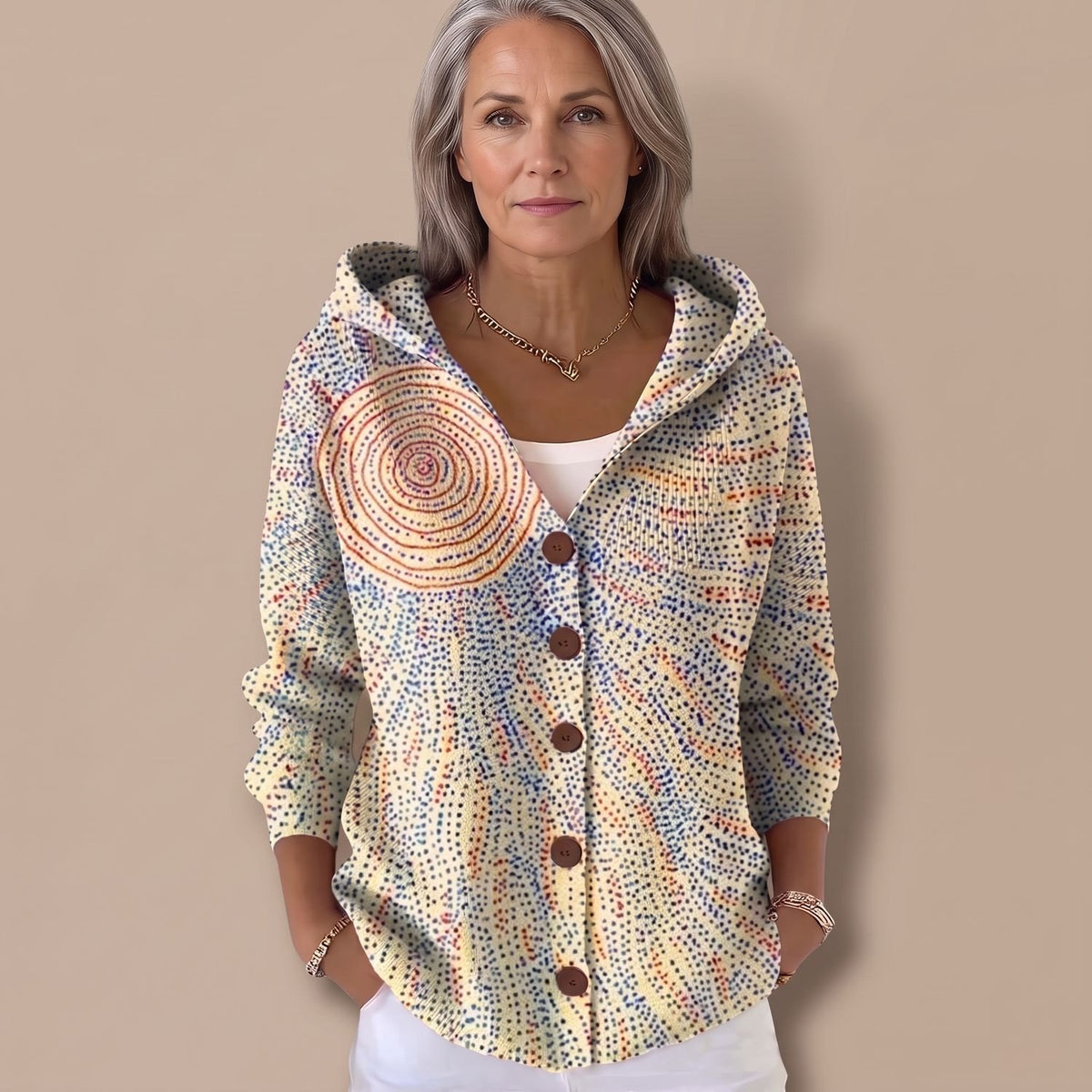 Women's Colorful Patchwork Hooded Button-Front Knit Cardigan - Light Yellow