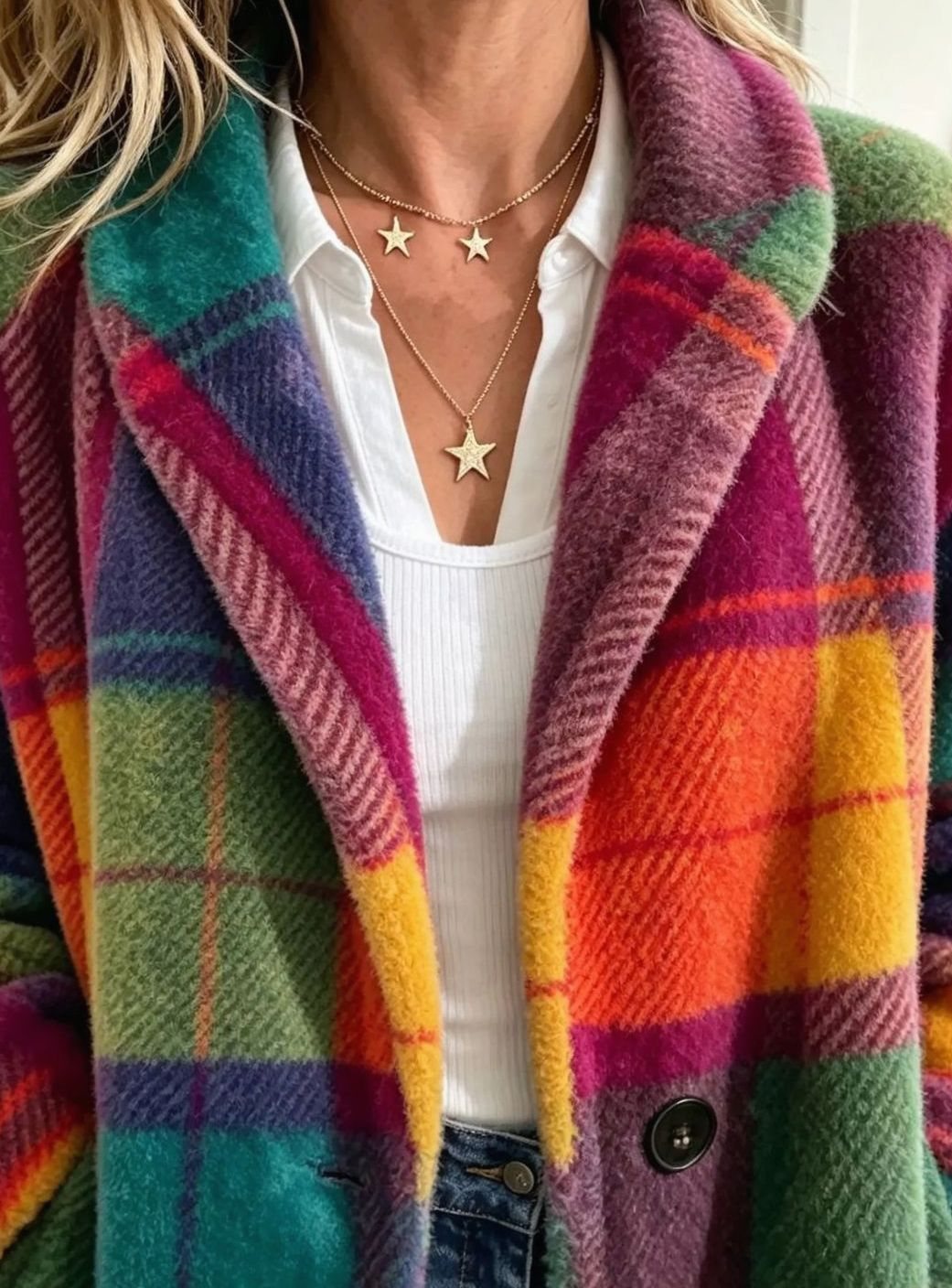 Women's Colorful Plaid Fleece Button-Front Long Coat
