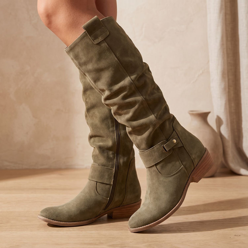 Women's Comfortable Knee High Boots Low Block Heel Suede