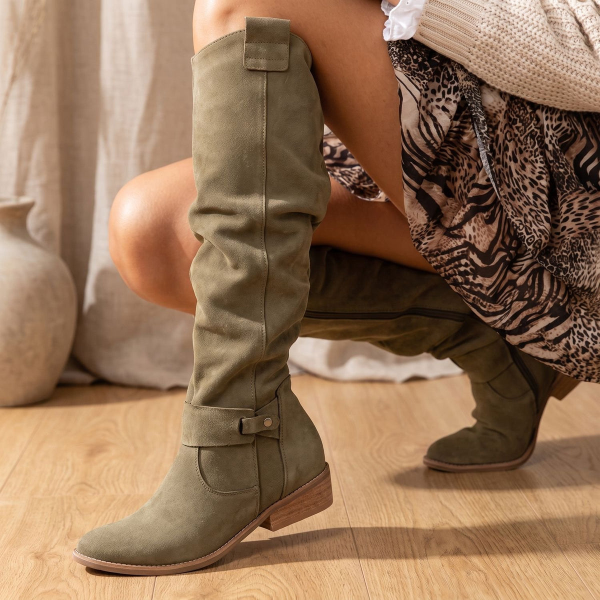 Women's Comfortable Knee High Boots Low Block Heel Suede - Green