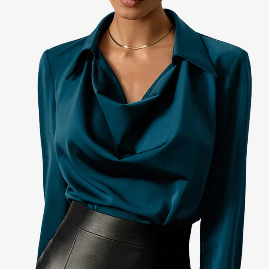 Women's Cowl Neck Long Sleeve Satin Blouse Draped Collar Top