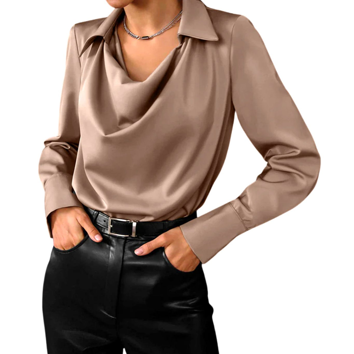 Women's Cowl Neck Long Sleeve Satin Blouse Draped Collar Top