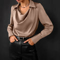 Women's Cowl Neck Long Sleeve Satin Blouse Draped Collar Top - Bronze