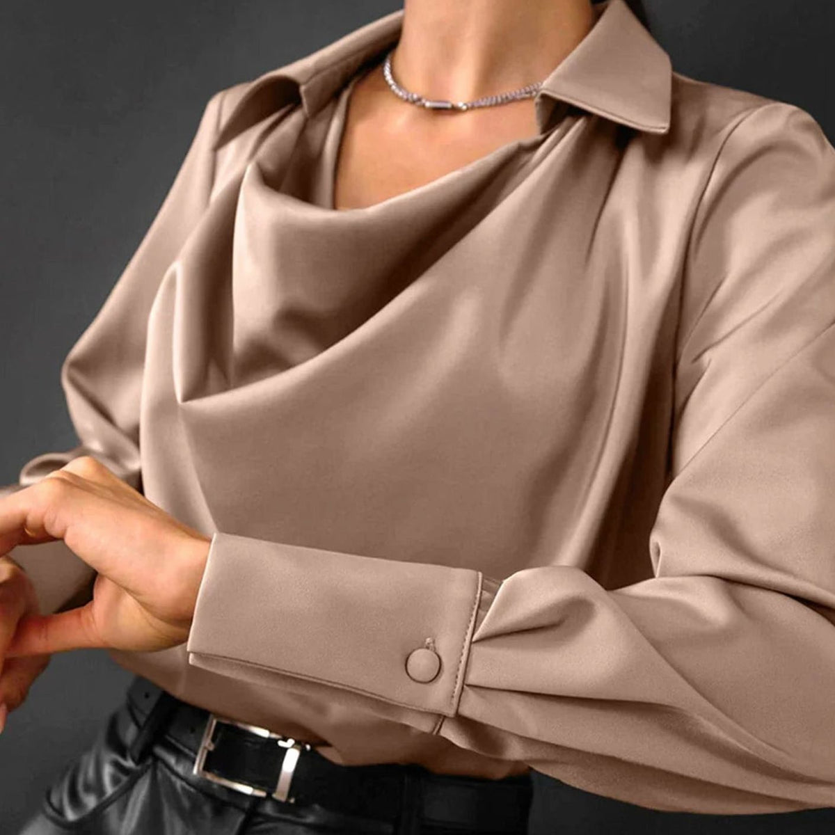 Women's Cowl Neck Long Sleeve Satin Blouse Draped Collar Top