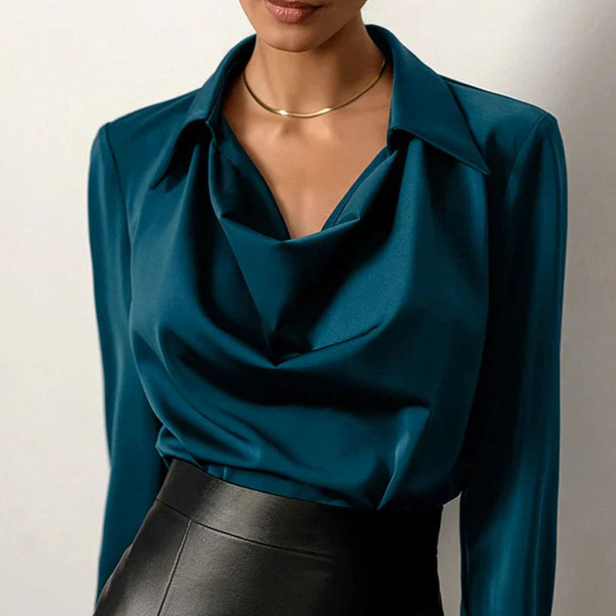 Women's Cowl Neck Long Sleeve Satin Blouse Draped Collar Top - Blue