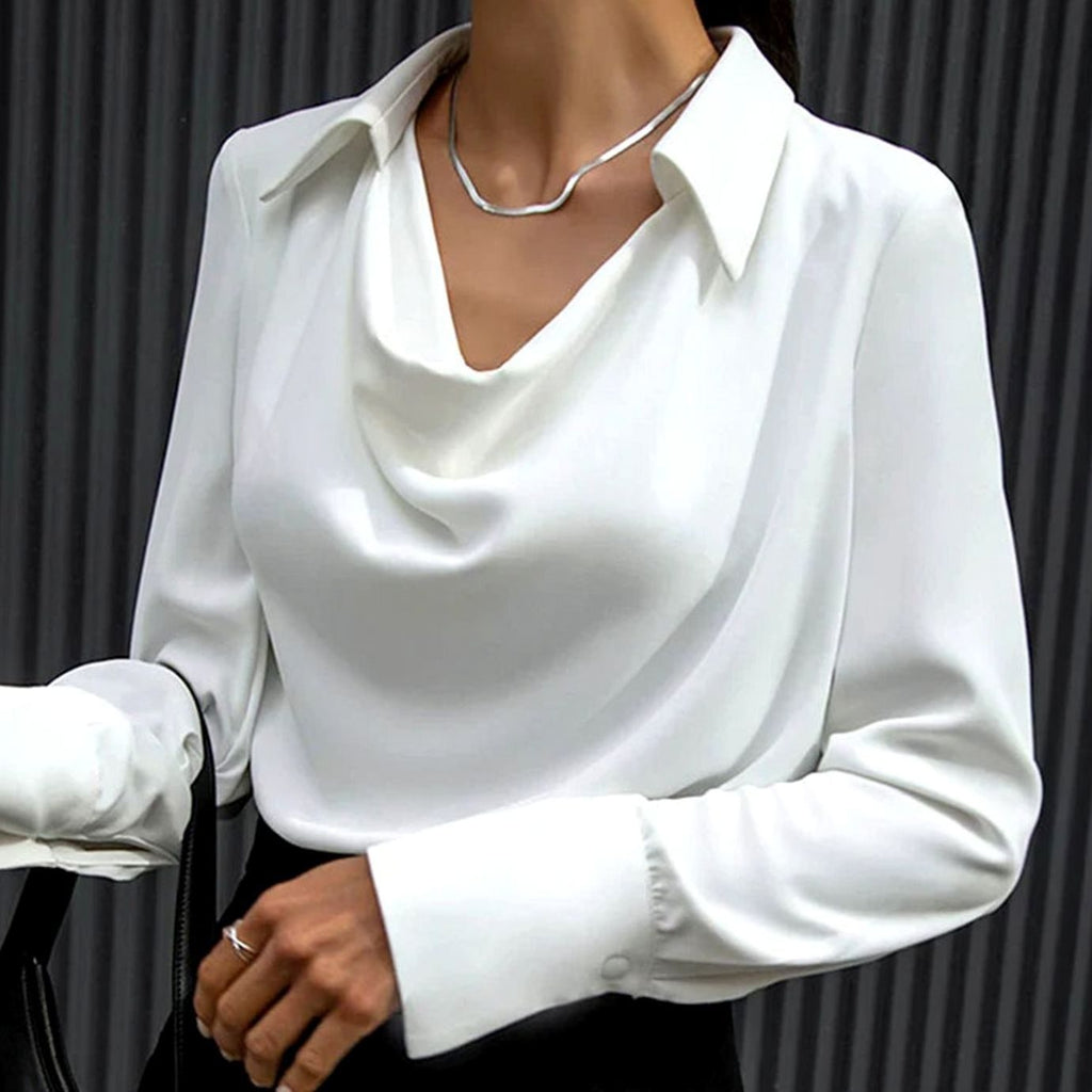 Women's Cowl Neck Long Sleeve Satin Blouse Draped Collar Top - White