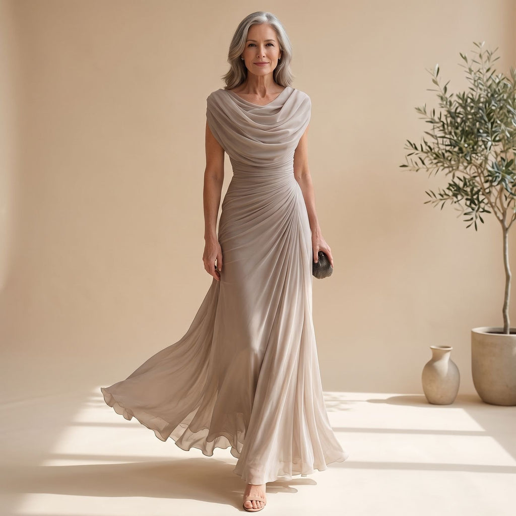 Women's Cowl-Neck Ruched Sleeveless Chiffon Maxi Dress - Beige