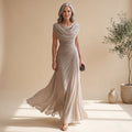 Women's Cowl-Neck Ruched Sleeveless Chiffon Maxi Dress - Beige