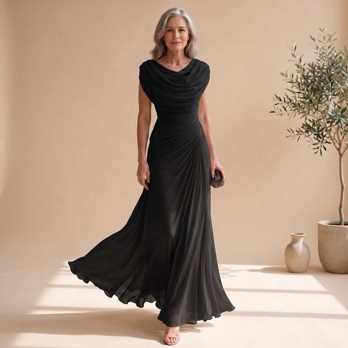 Women's Cowl-Neck Ruched Sleeveless Chiffon Maxi Dress - Black