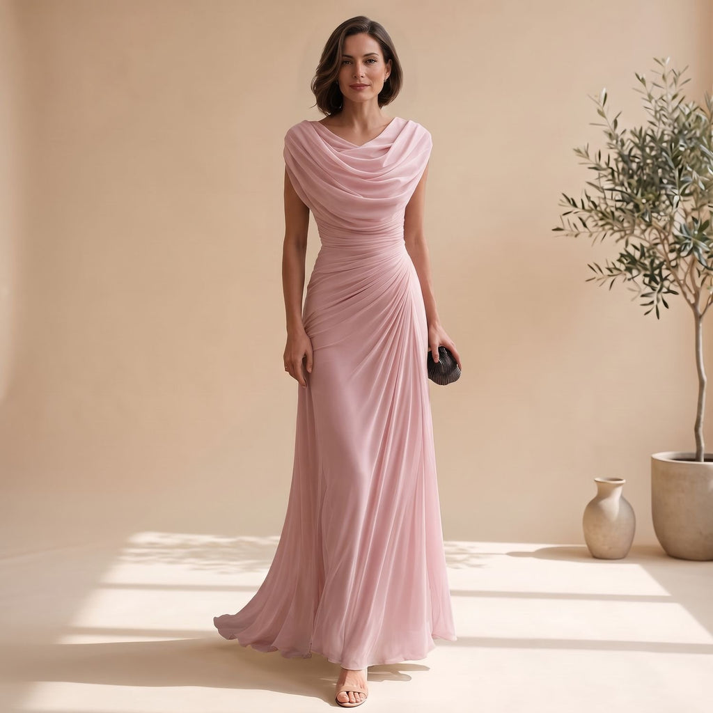 Women's Cowl-Neck Ruched Sleeveless Chiffon Maxi Dress - Pink