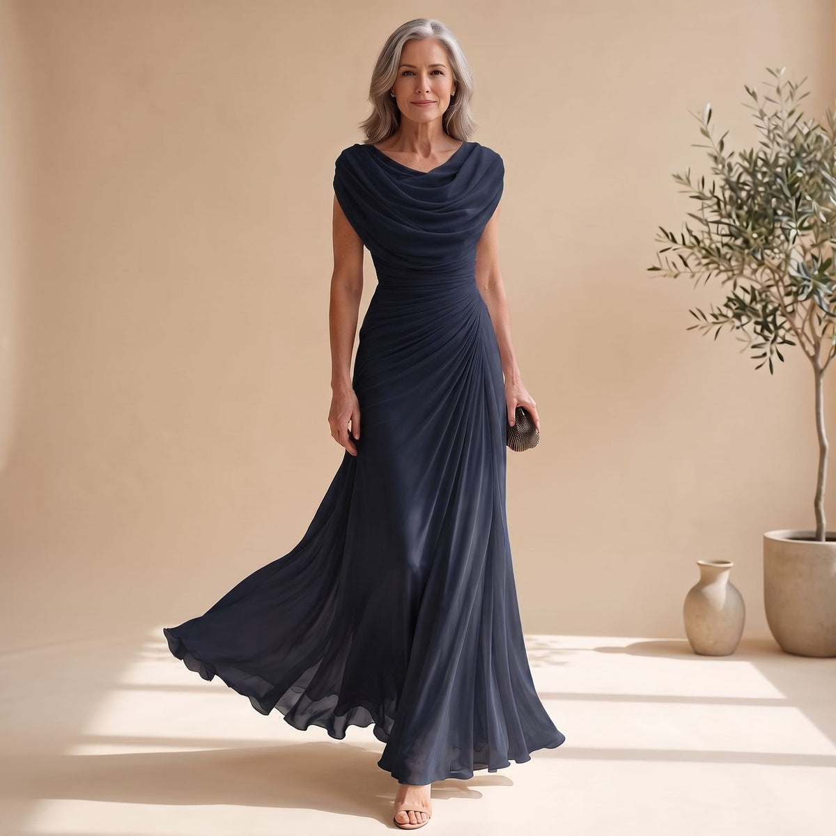 Women's Cowl-Neck Ruched Sleeveless Chiffon Maxi Dress - Navy Blue