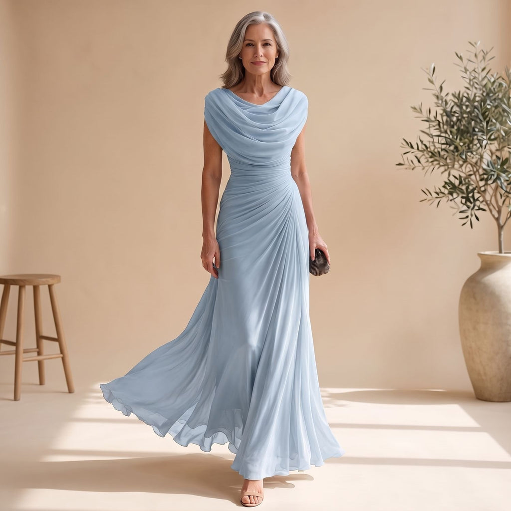 Women's Cowl-Neck Ruched Sleeveless Chiffon Maxi Dress - Light Blue