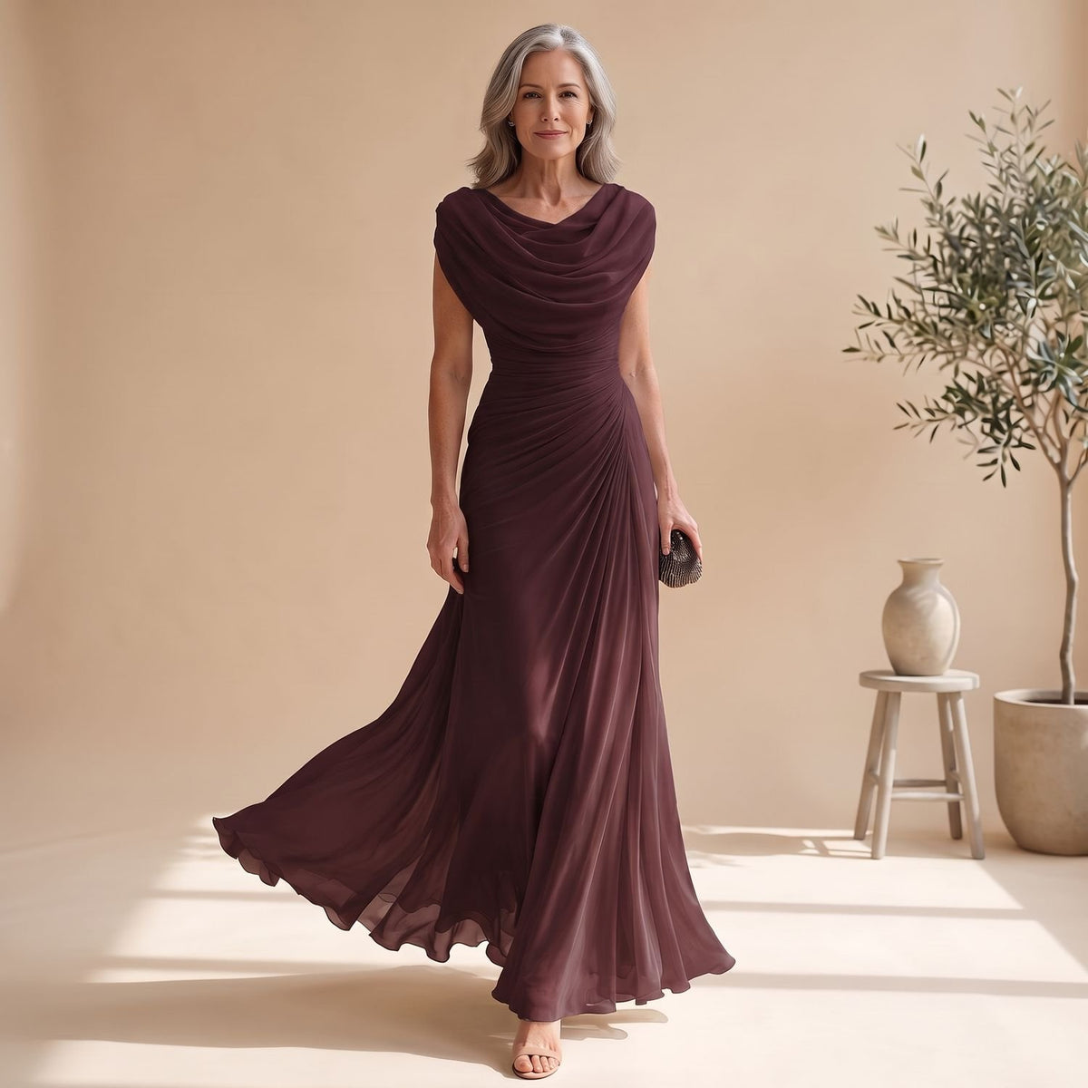 Women's Cowl-Neck Ruched Sleeveless Chiffon Maxi Dress - Burgundy