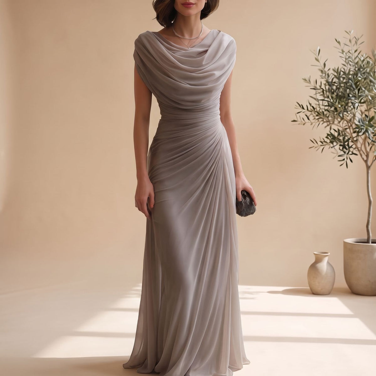 Women's Cowl-Neck Ruched Sleeveless Chiffon Maxi Dress