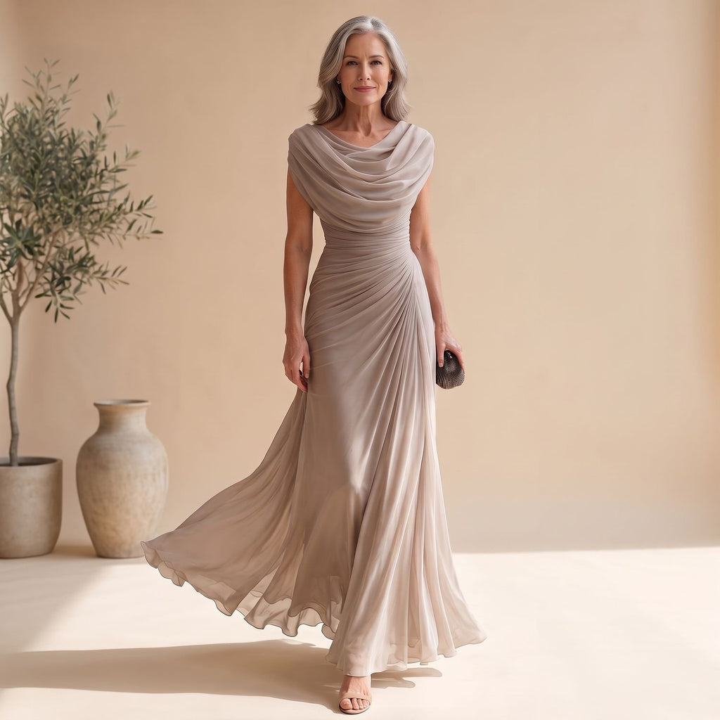 Women's Cowl-Neck Ruched Sleeveless Chiffon Maxi Dress