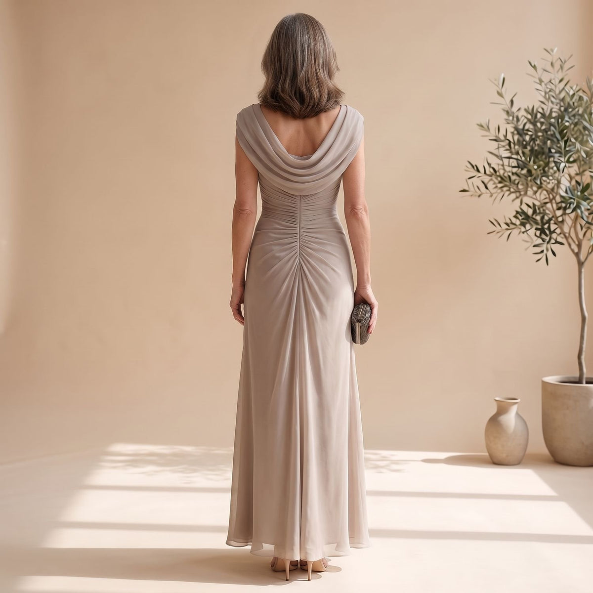 Women's Cowl-Neck Ruched Sleeveless Chiffon Maxi Dress