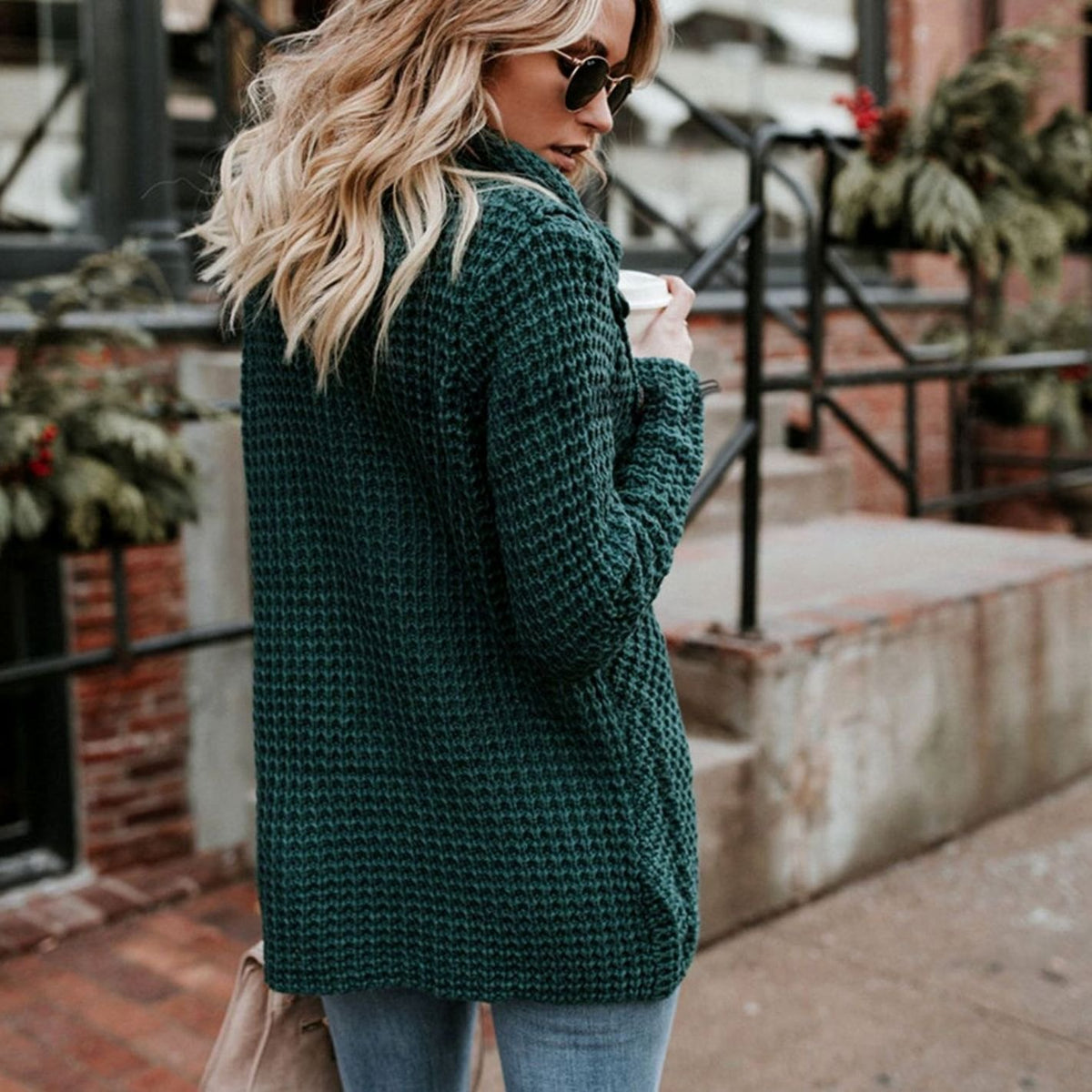 Women's Cowl-Neck Wrap-Front Cardigan Chunky Knit Sweater - Dark Green