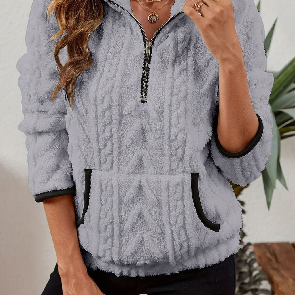 Women's Cozy Fleece Half-Zip Kangaroo Pocket Pullover Sweater - Gray