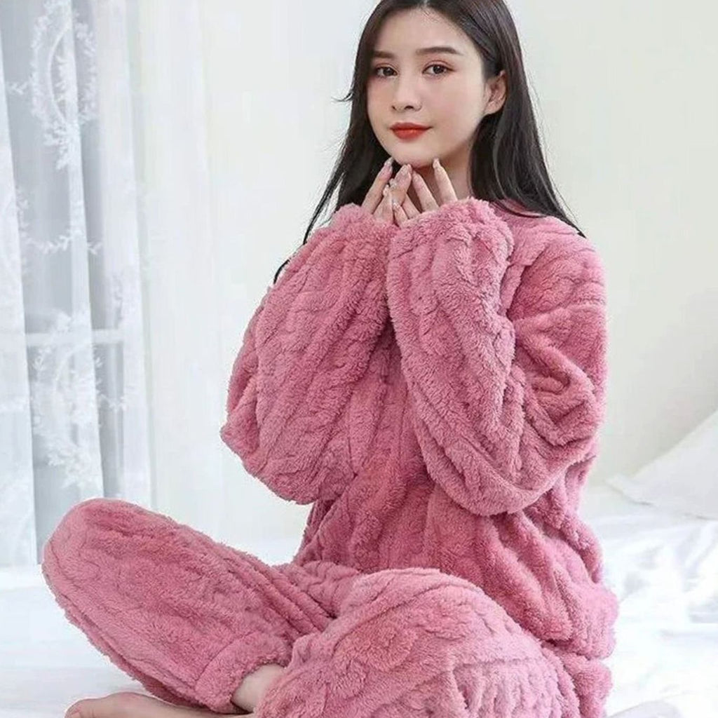 Women's Cozy Fleece Winter Loungewear Set Warm Relaxed Fit - Pink