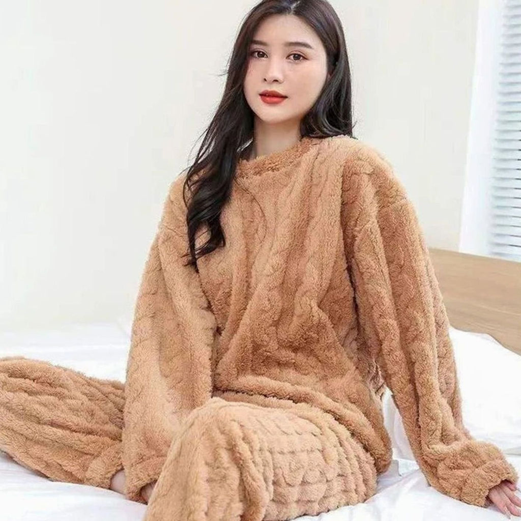 Women's Cozy Fleece Winter Loungewear Set Warm Relaxed Fit - Khaki