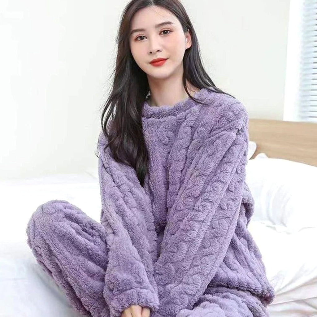 Women's Cozy Fleece Winter Loungewear Set Warm Relaxed Fit - Purple