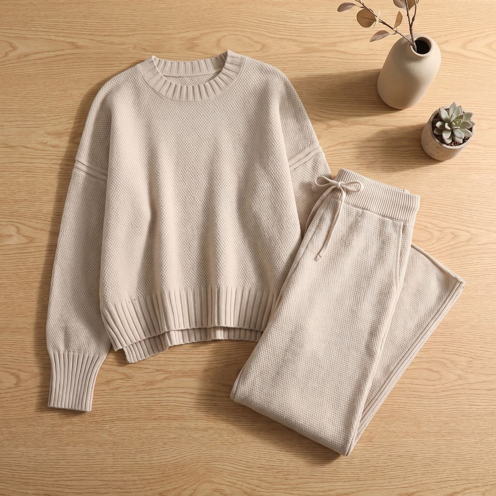 Women's Cozy Knit Loungewear Set Wide-Leg Sweater Pants - Apricot