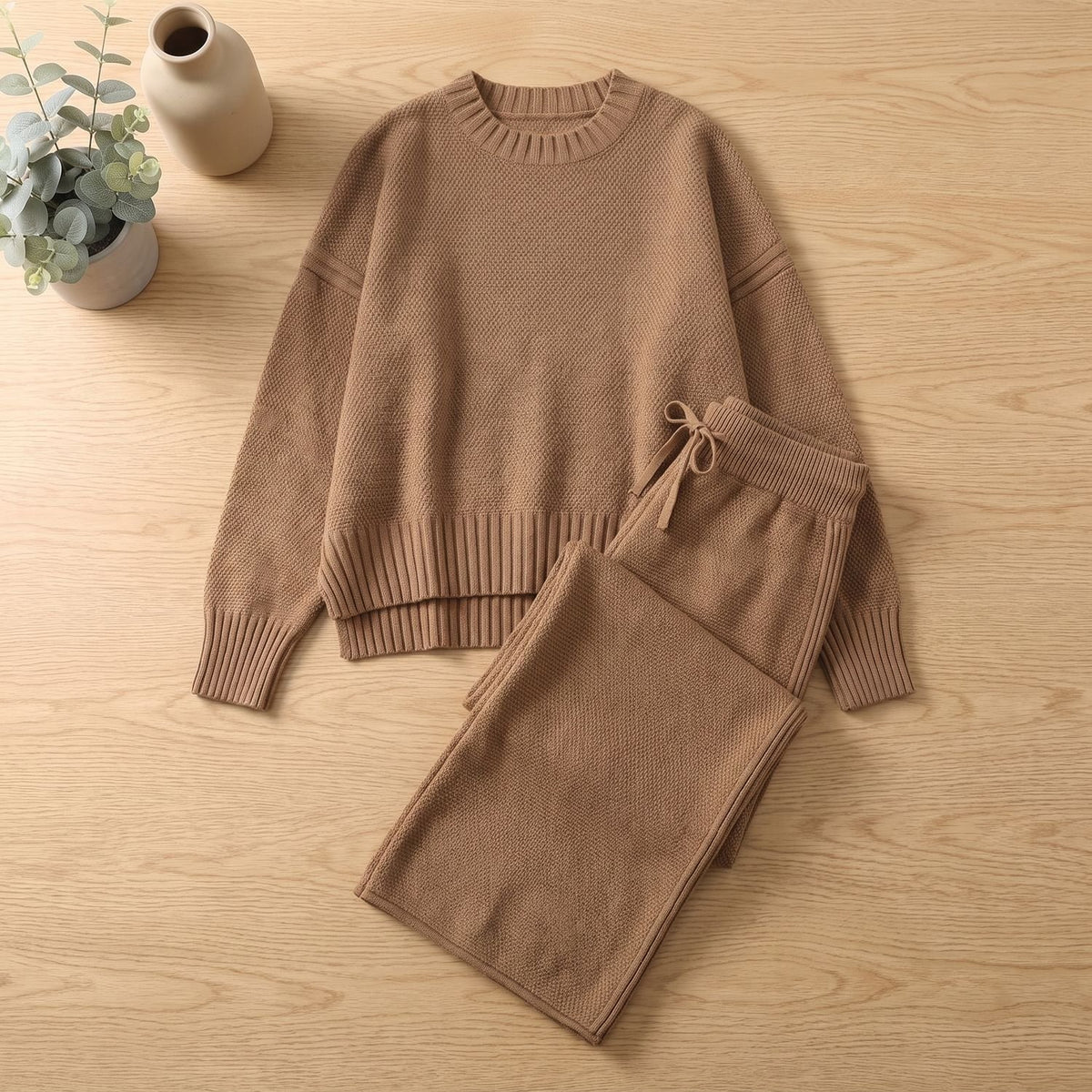 Women's Cozy Knit Loungewear Set Wide-Leg Sweater Pants - Dark Brown