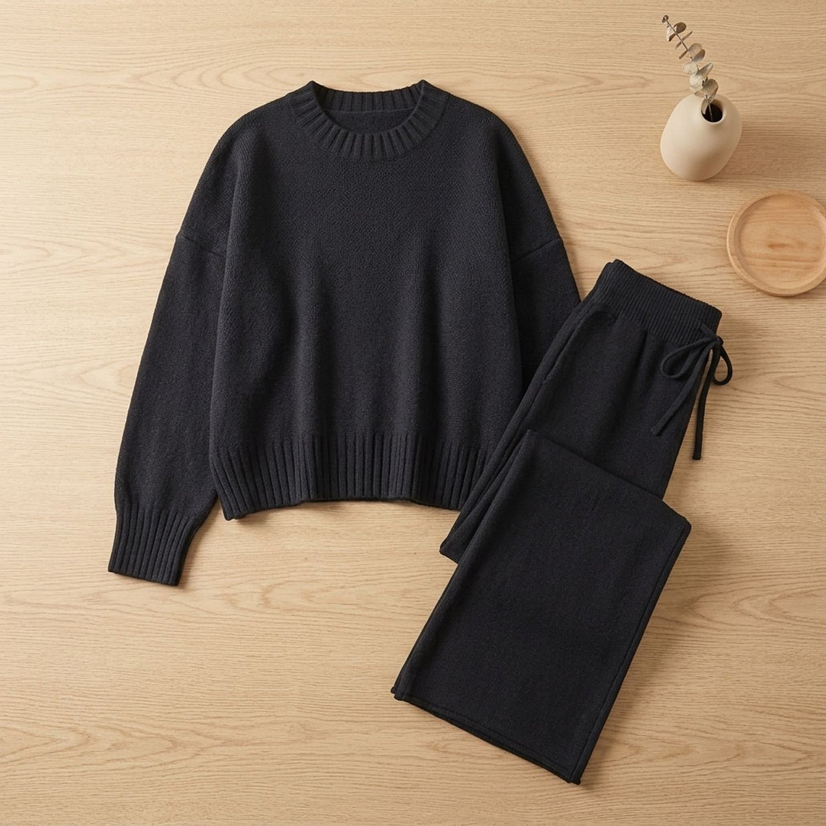 Women's Cozy Knit Loungewear Set Wide-Leg Sweater Pants - Black