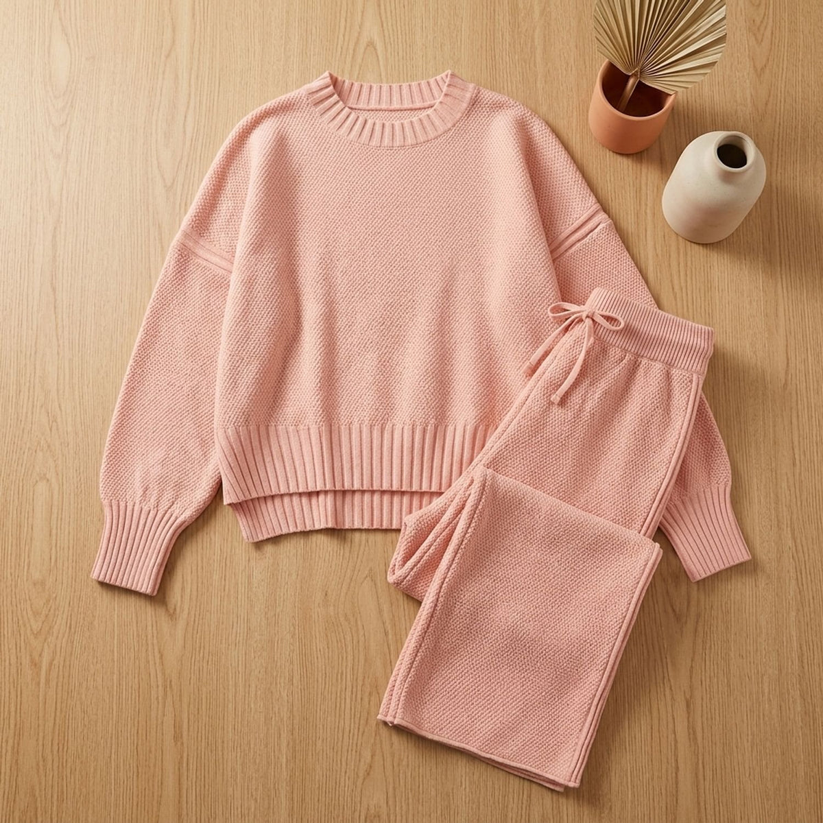 Women's Cozy Knit Loungewear Set Wide-Leg Sweater Pants - Pink