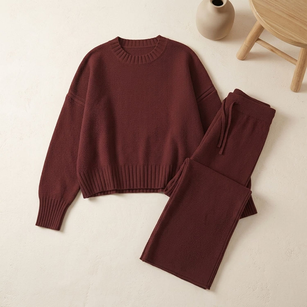Women's Cozy Knit Loungewear Set Wide-Leg Sweater Pants - Red