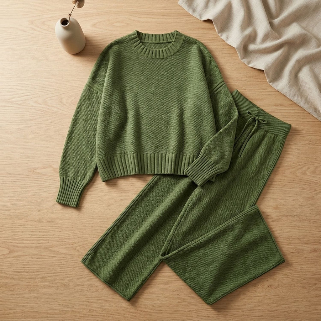 Women's Cozy Knit Loungewear Set Wide-Leg Sweater Pants - Green