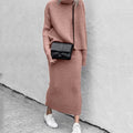 Women's Cozy Pullover Turtleneck Ribbed Knit Two-Piece Skirt Set - Pink