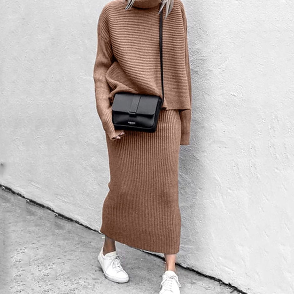 Women's Cozy Pullover Turtleneck Ribbed Knit Two-Piece Skirt Set - Brown