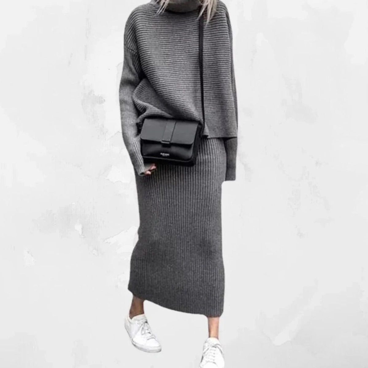 Women's Cozy Pullover Turtleneck Ribbed Knit Two-Piece Skirt Set - Gray