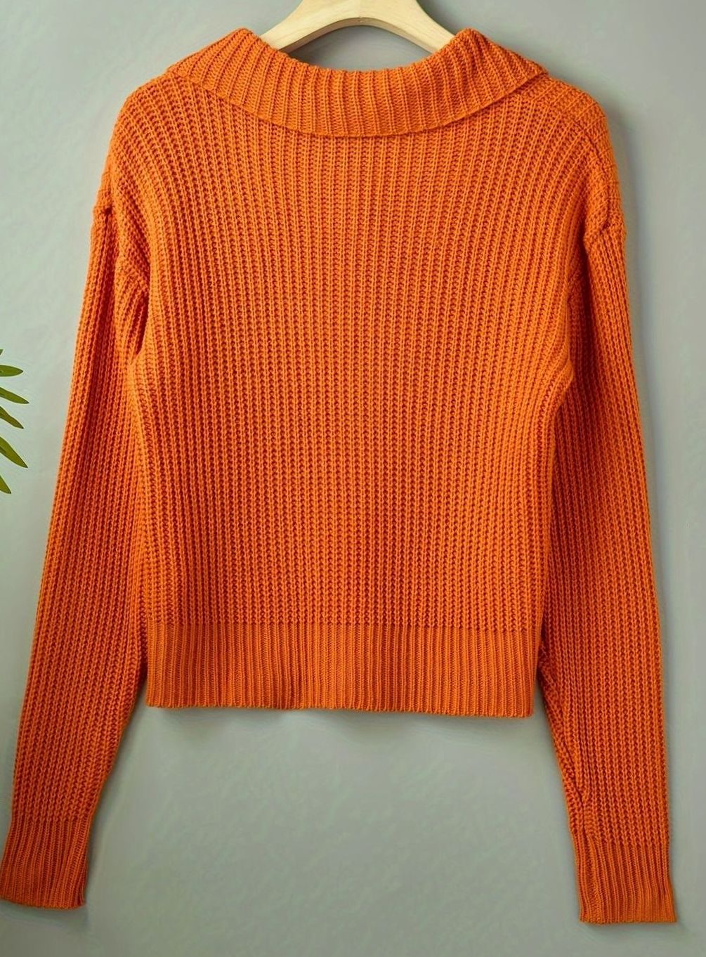 Women's Cozy Ribbed Knit Sweater Relaxed-Fit Folded Collar Pullover - Orange-Red