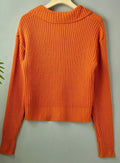 Women's Cozy Ribbed Knit Sweater Relaxed-Fit Folded Collar Pullover - Orange-Red